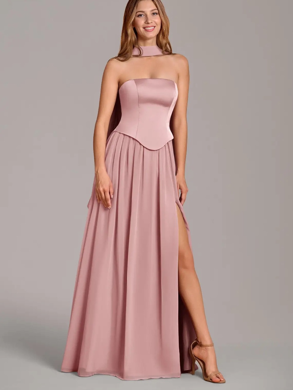 Azazie Cadence Dusty Rose A-Line Corset Stretch Satin Convertible Dress